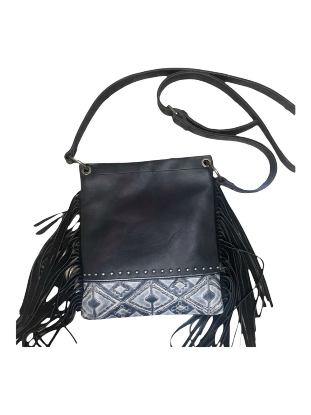 Montana West Women's Black Genuine Leather Embossed Crossbody Bag With Fringe